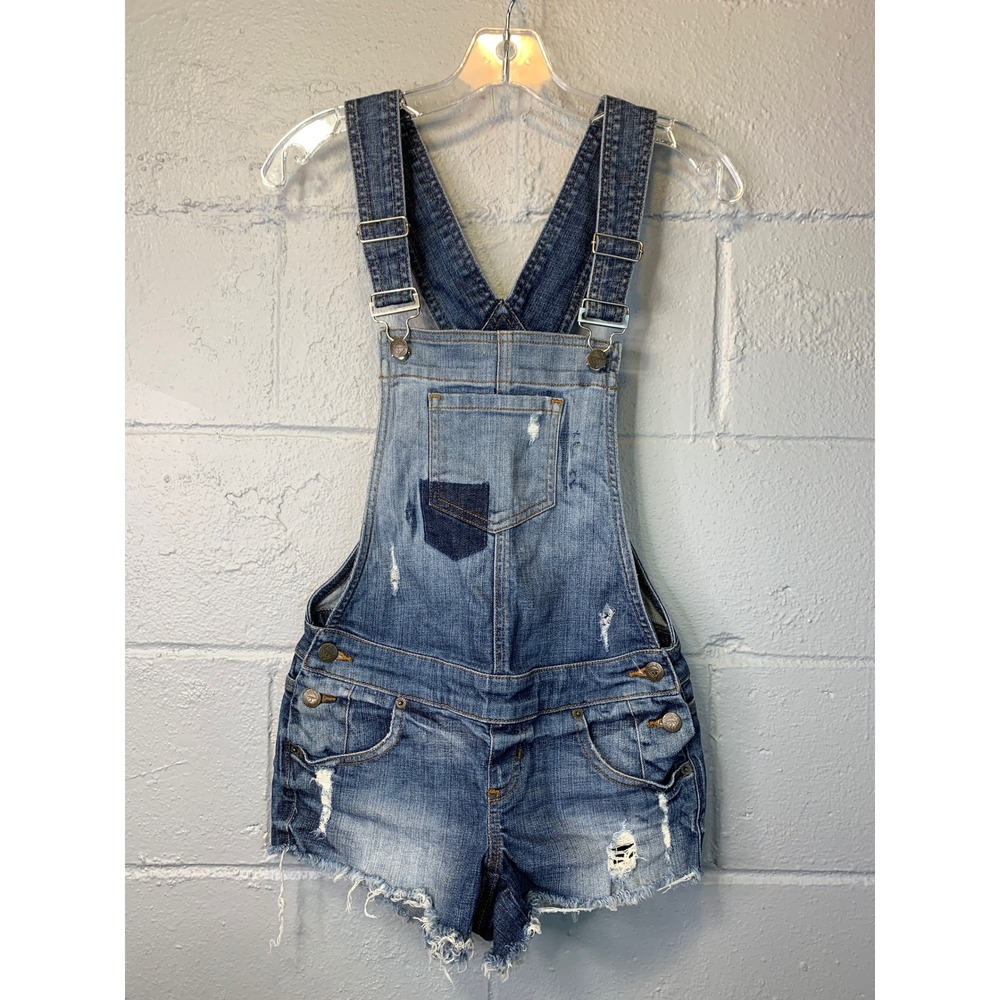 Guess Jeans Womens Distressed Denim Shortalls Size XS Micromini Booty Shorts
